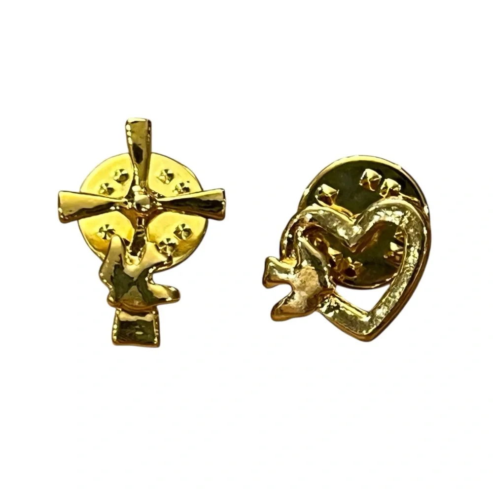Gold‎ Tone Bundle Cross Heart W/Bird Lapel Pin Religious Christian Brooch Small